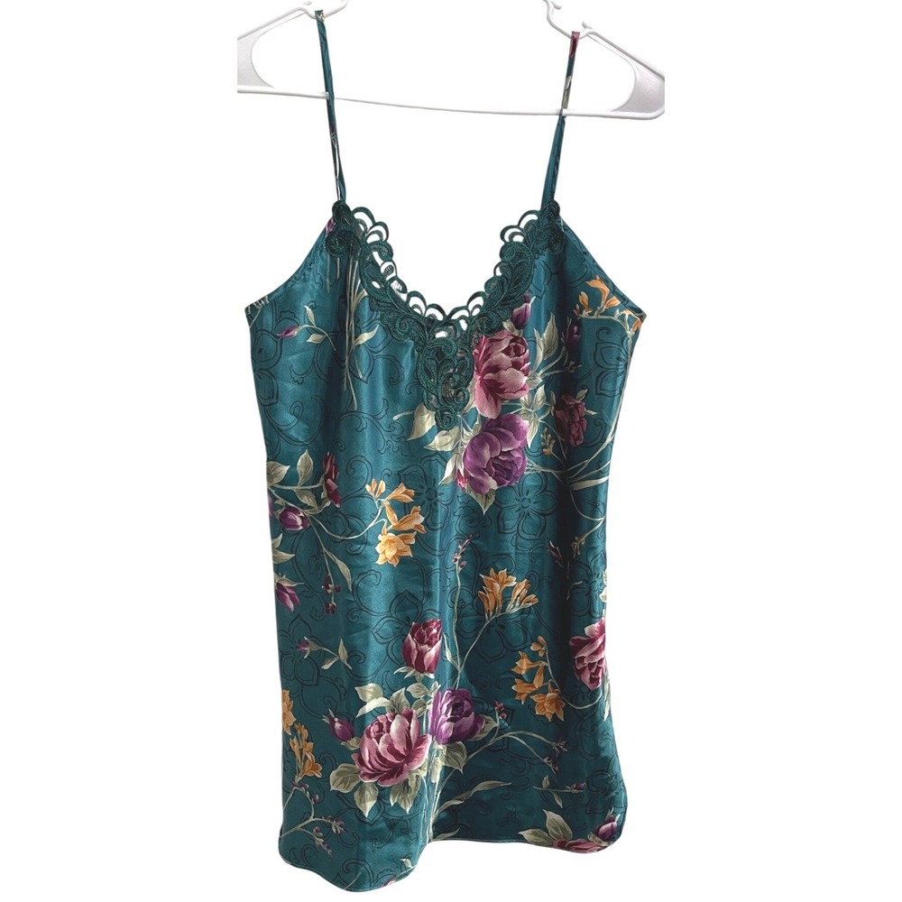 Vintage 90s Green Floral Satin Slip Fairy Grunge Lace Lingerie Top Coquette S